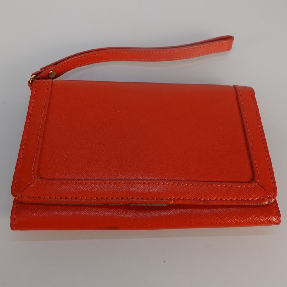 Neiman Marcus Orange Leather Wallet Wristlet with Phone Holder Compartment EUC